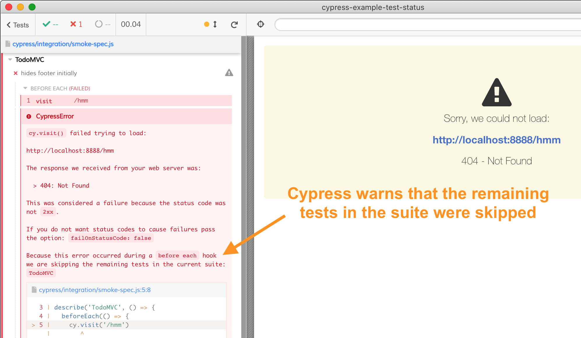 Cypress App showing a skipped test