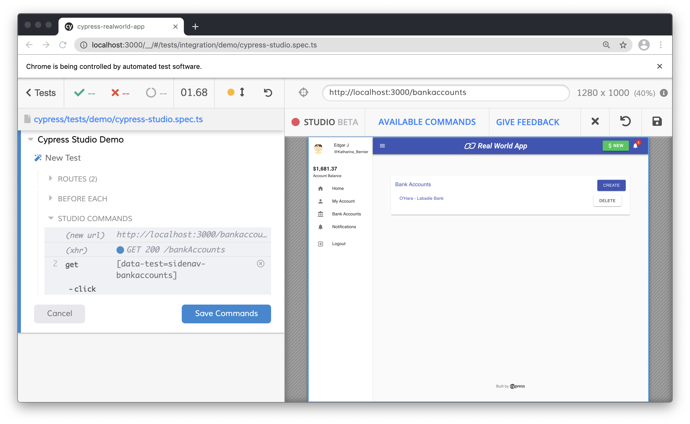 Cypress Studio Add Test Create Bank Account